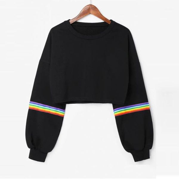 

retro rainbow stripe sweatshirt women long sleeve black pullover hooded sudadera mujer short women moletom1