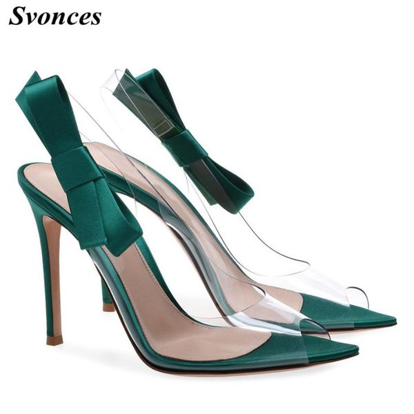 

women sandals 2021 green satin butterfly-knot clear stilettos slingbacks pvc sandals wedding dress pumps shoes large size 46, Black