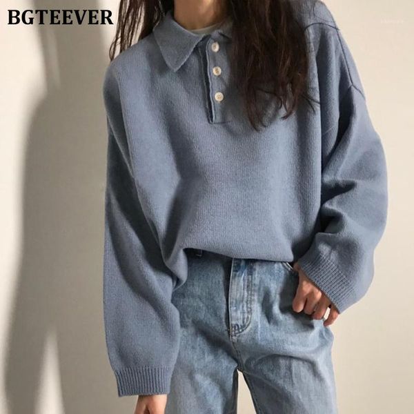 

bgteever chic turn-down collar buttons long sleeve female sweaters spring casual loose knitting jumpers ladies sweater 20201, White;black