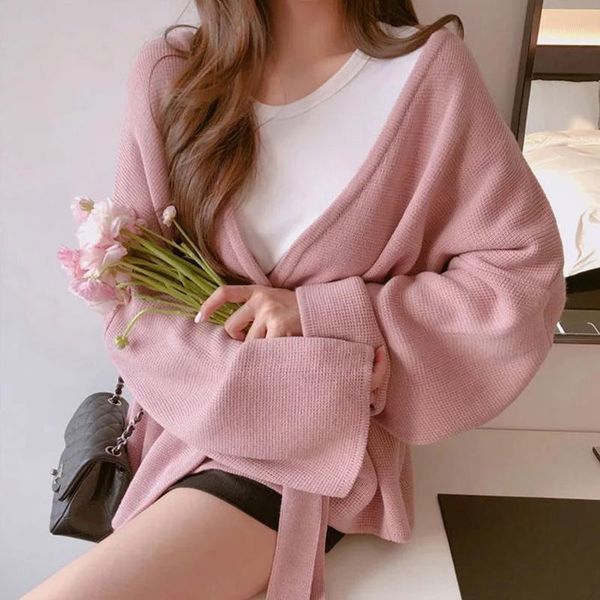 

7-shops women sweater cardigans 2020 knitting autumn winter lace up belt loose outer wear elegant casual ladies 1, Tan;black