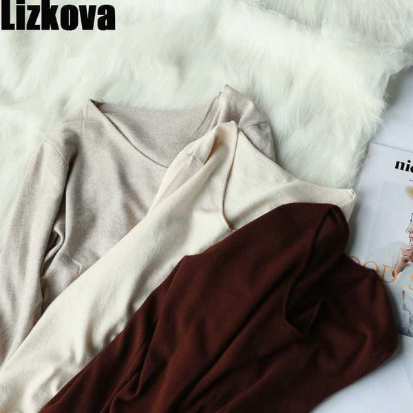 

lizkova thin v-neck knitted pullover women autumn long sleeve loose sweater 2020 soft casual 1, White;black