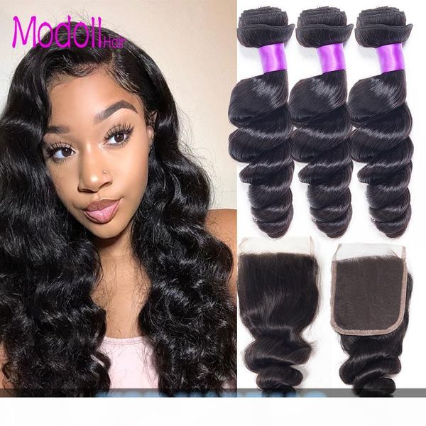 

loose wave human hair bundles with closure 3 bundles brazilian virgin hair weave loose wave human hair bundles with closure 4 pcs, Black;brown