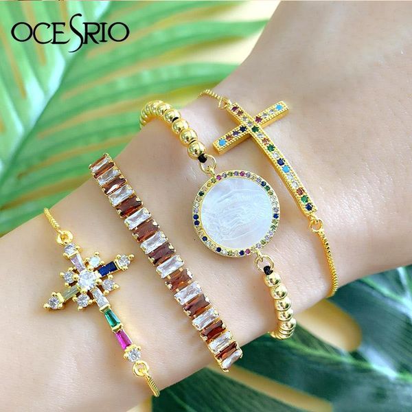 

charm bracelets rainbow series cz jesus cross bracelets&bangles colorful zirconia adjustable bracelet gold chain jewelry gift brt-b68, Golden;silver
