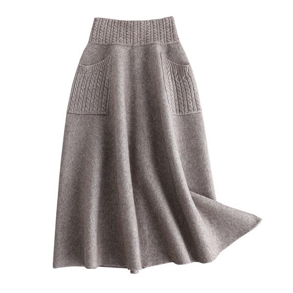 

sherhure 2019 high waist women winter wool knitting long skirts faldas jupe femme saia vintage women black skirt with pocket 1015