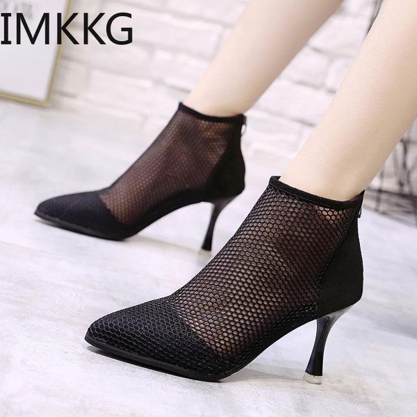 

2020 new arrived woman mesh ankle boots for women summer high heels boots sandal ladies pointed toe shoes ankle, Black