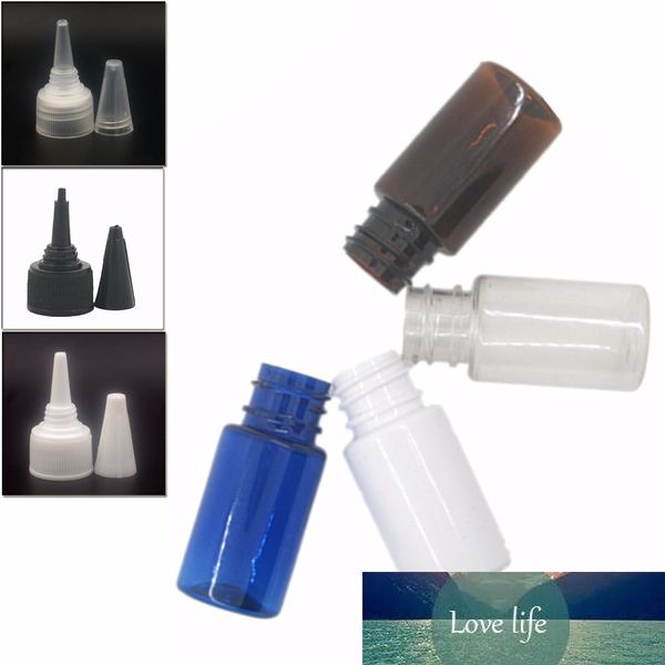 10 ml de garrafas plásticas vazias, clara / branca / âmbar / azul garrafa de estimação com transparente / branco / preto toque de dispensação de torção x 10