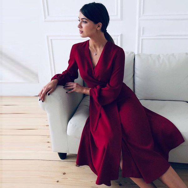 

women vintage sashes a-line party dress long sleeve v neck solid elegant casual dress 2020 summer new fashion women dress, Black;gray