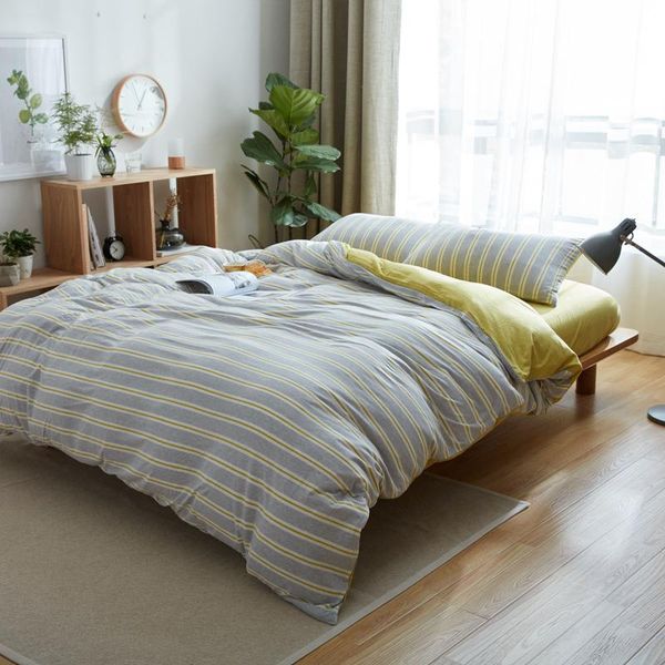 

100% cotton nordic duvet cover set 4pcs yellow striped quilt covers jersey knitted bed fitted sheet  king size bedding set