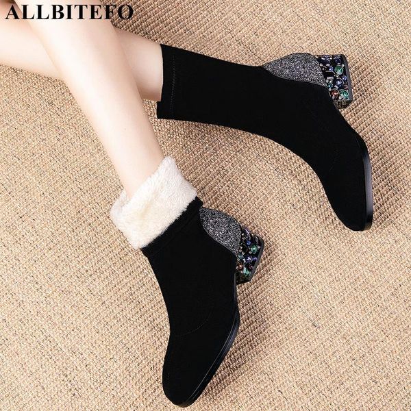 

boots allbitefo large size:34-42 color diamond heel plush inside winter women thick heels ankle for snow, Black