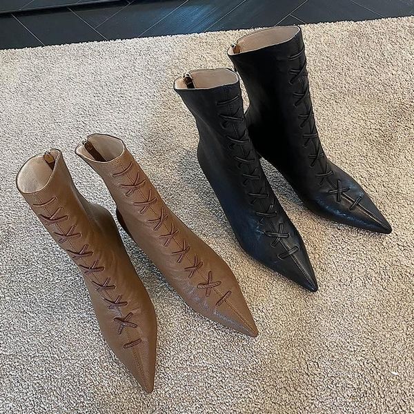 

boots bottes femme ankle women's shoes genuine leather winter high heels pointed toe concise office lady nightclub, Black