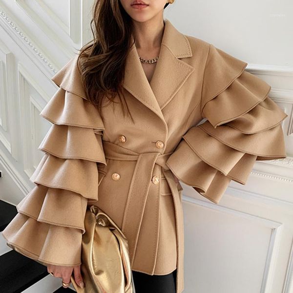 

ewq] 2020 winter female casual turn down collar ruffles sleeve sweet minimalist solid color lace up woolen overcoat 8q6161, Black