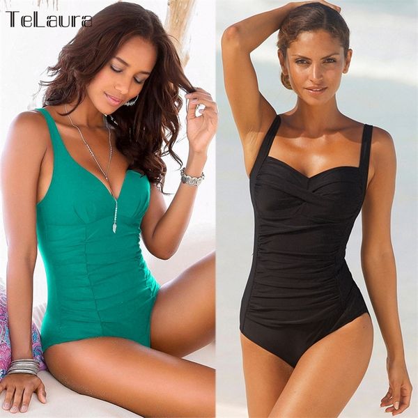 

one piece swimsuit women plus size swimwear female solid bathing suit vintage monokini bodysuit beach wear retro swimwear y200824, White;black