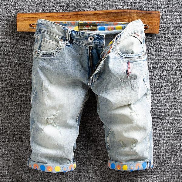 

summer newly fashion men jeans shorts light blue elastic printed denim shorts men designer hip hop short jeans homme1
