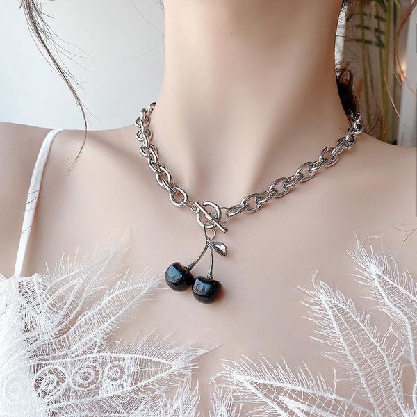

retro black resin black cherry pendant necklaces for women girl silver color metal linked chain chokers necklace party jewelry