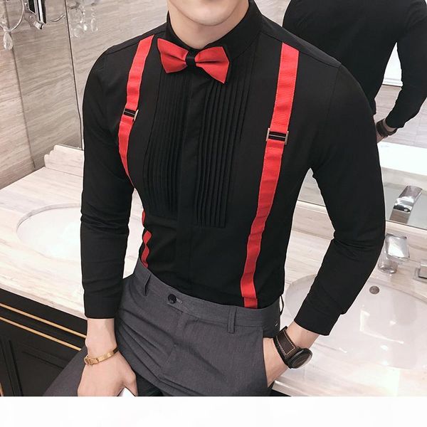 

bow tie work shirt 2019 fashion designer male shirt slim fit black white club party performance stage clothing mens dress, White;black