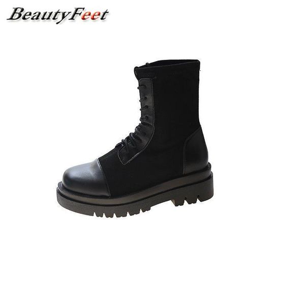 

flock leather platform shoes for women shoes woman 2020 new autumn winter boots lace up square heels ankle boots plus size, Black