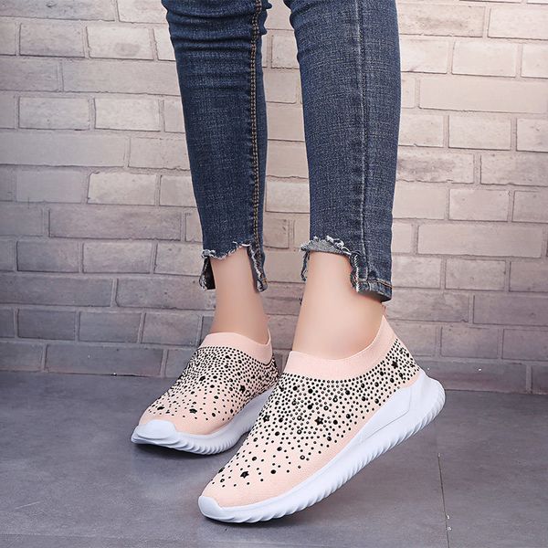 

women knitting sock shoes women's sneaker ladies slip on rhinestone casual flat comfort female footwear autumn sneaker new 201012, Black