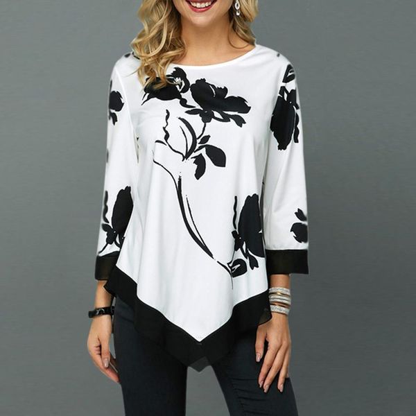 

floral printed women shirt asymmetric hem autumn blouse shirt for woman flower print o neck blusas fashion female camisa, White