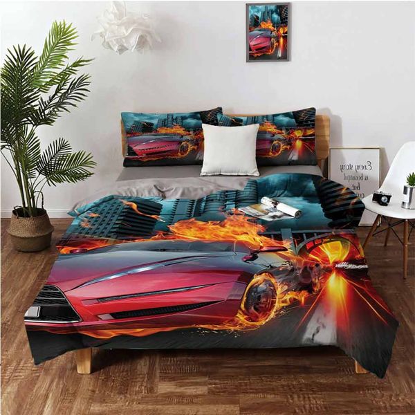 

red concept car in flames blazing tires building and birds speeding fastbedding 3-piece set