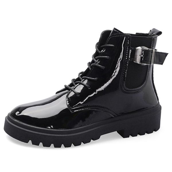 

england style women boots bright leather motorcycle waterproof fashion retro shoes girls school footwear, Black