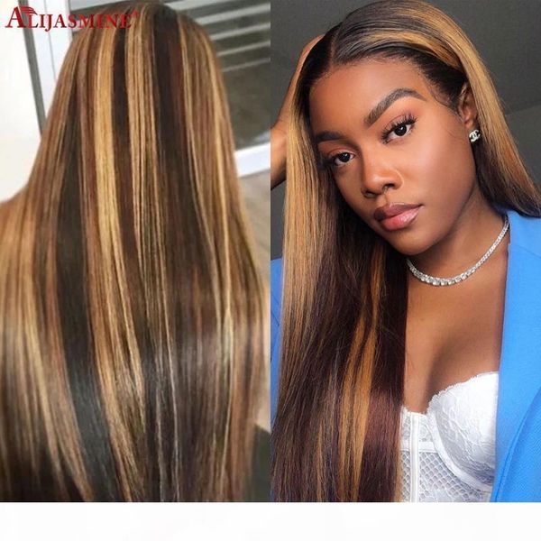 

lace front human hair wigs 150% straight 4 27 highlight ombre brown pre plucked brazilian remy honey blonde human hair wigs, Black;brown