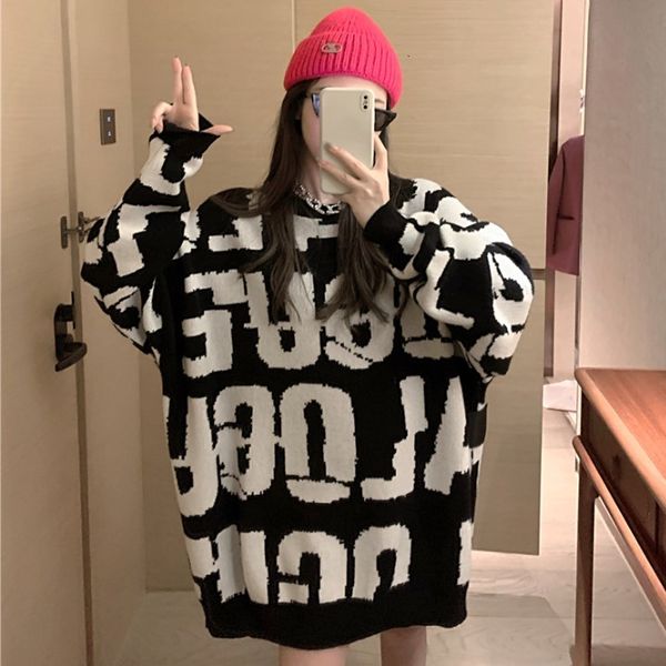 

autumn 2020 new alphabet jacquard loose long sleeve pullover crew neck sweater medium length women's wear