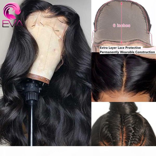 

eva body wave fake scalp wig 13x6 lace front human hair wigs pre plucked with baby hair brazilian remy lace wigs bleached knots, Black