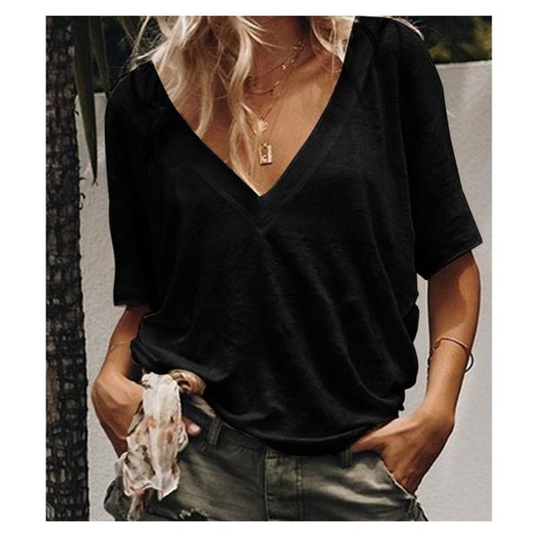 

women solid v-neck summer tshirts woman short sleeve loose fashion tees women pullover 3xl casual, White