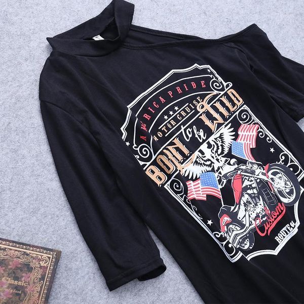 

ladies women punk rock short sleeve eagle print t-shirt cut shoulder halter baggy dress x7xc1, White;black