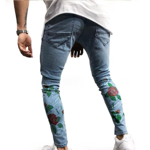 

fashion skinny ripped jeans men male motorcycle jeans denim pants fashion casual brand hole print slim biker, Blue