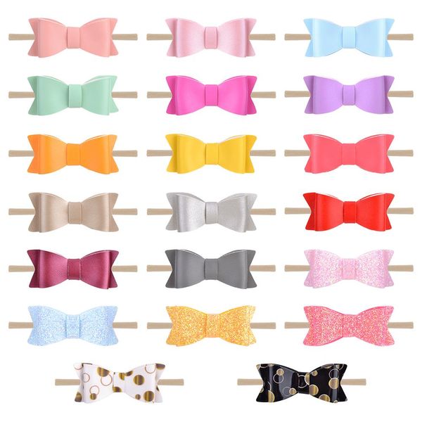 

20pcs/lot solid colors glitter/pu bowknot with elastic hair band newborn baby headband headwear cute baby hair accessorie 319 q qylfhq