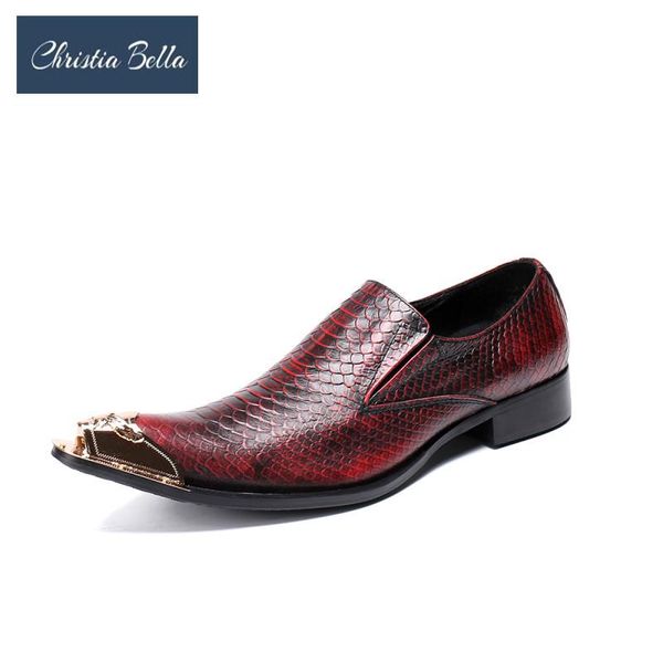 

christia bella business formal men shoes metal pointed toe crocodile pattern red brown slip on shoes formal real leather, Black