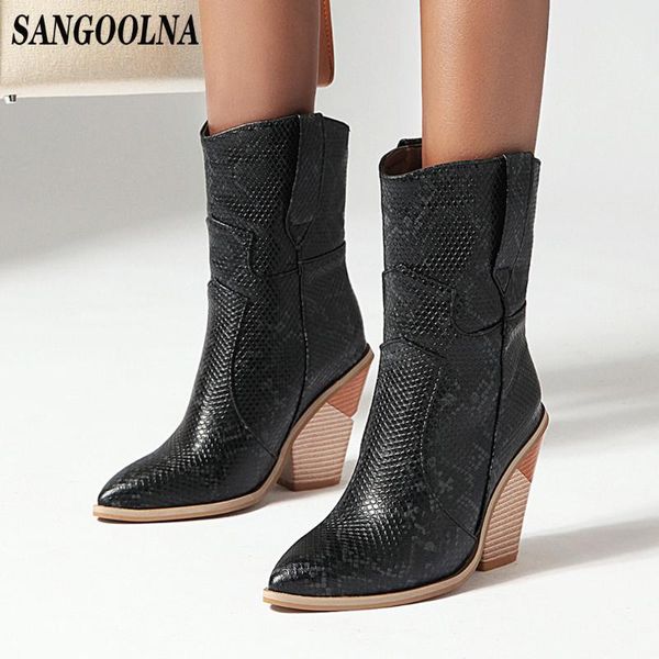 

snake print patent leather women's boots thick heel pointed toe cowboy slip-on ankle boots punk motorcycle gothic, Black