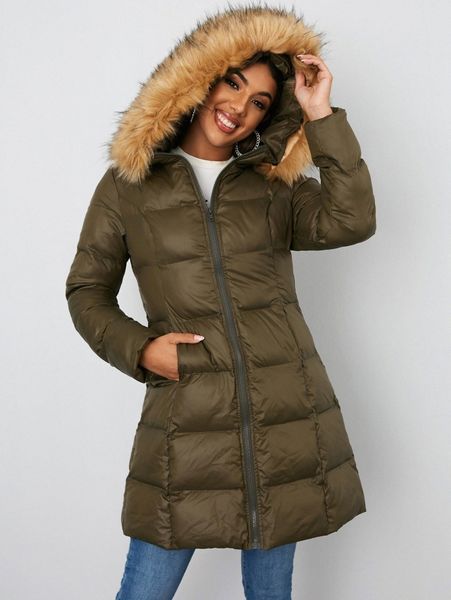 

pocket side zip up hooded puffer coat v5am#, Black