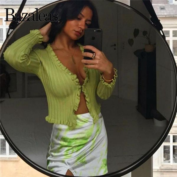 

bazaleas france green ruffles kintted carfigans vintage center button women sweater harajuku casual slim cropped sweter1, White