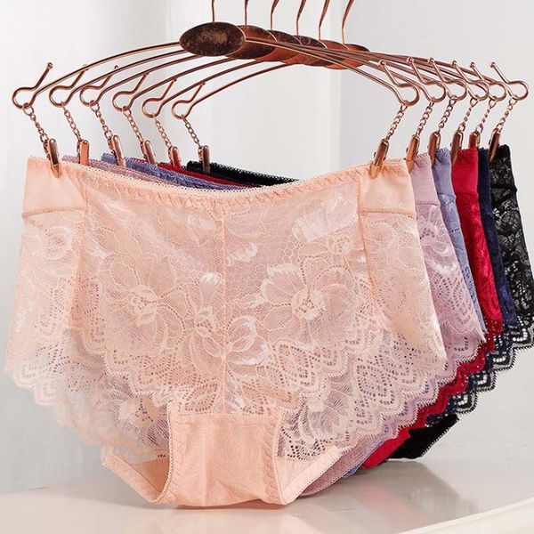 

ladies panties hollow mid-waist seamless lace underwear briefs transparent silky women cotton health knickers lingerie xxl, Black;pink