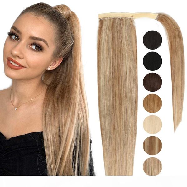 

wraps around ponytail human hair remy hair extensions brazilian hair extensions clip ins natural blonde brown color 27 613 14" 120g, Black