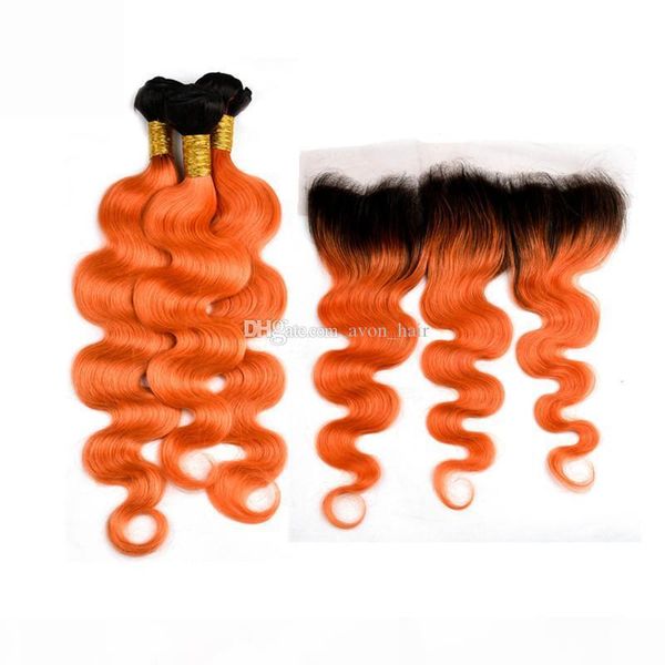 

dark roots color orange 3 bundles with lace frontal ombre 1b orange 350 body wave hair weaves with ear to ear frontal 13x4, Black;brown