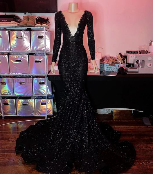 

black dress long sleeves sequin mermaid prom dress african girl red carpet evening dresses robe soirÃ©e femme