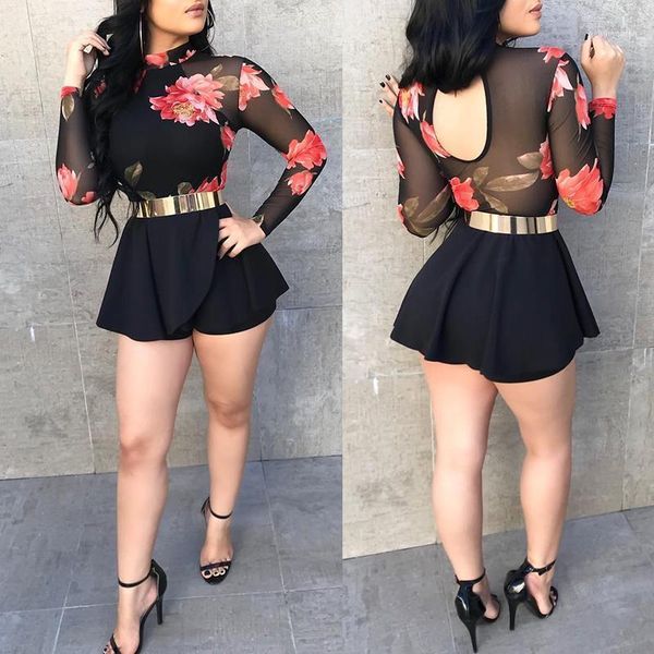 

woman jumpsuit women casual perspective mesh jumpsuit long sleeve loose floral bodysuit11, Black;white