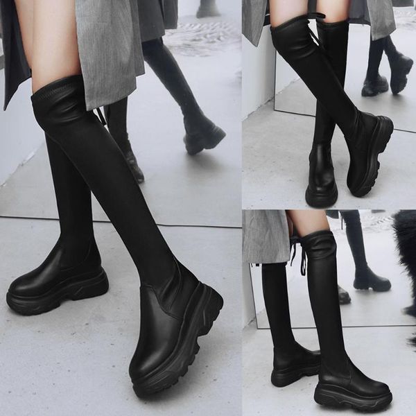 

2020 women winter warm over kneeth stretch lace up platforms round toe boots shoes woman leather botas mujer invierno 2020, Black