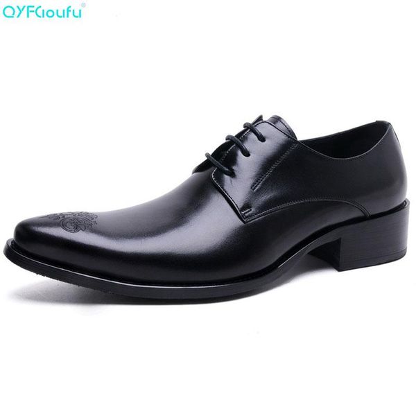 

qyfcioufu genuine leather oxford shoes men pointy shoes lace-up carving business dress male formal, Black