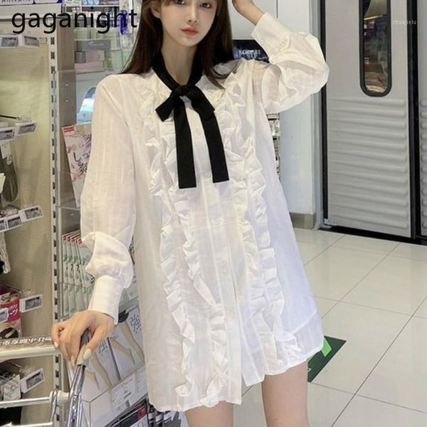 

gaganight sweet women lace party dress long sleeve bow collar ruffle girls fashion dresses lady chic white shirt vestidos korean1, Black;gray