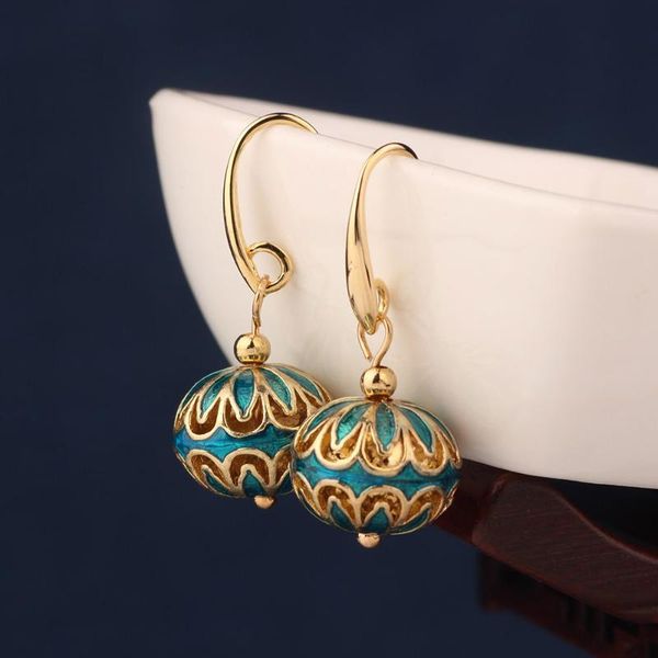 

ethnic sky blue cloisonne earrings vintage flower round drop earrings for women and girl jewelry, Silver