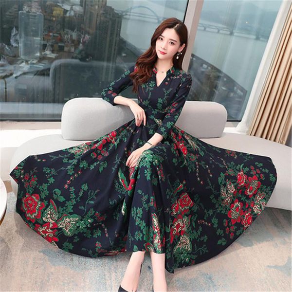 

long-sleeved dress female 2020 spring new fashion temperament new v-neck print waist was thin and big swing long dress, Black;gray