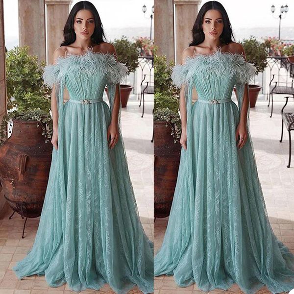 

gorgeous feather evening dresses with belt full lace a line prom dress chic bateau neck sweep train custom made robe de soirÃ©e, Black;red