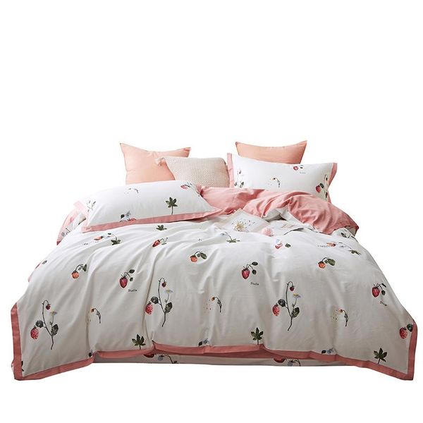 

60s egyptian cotton bedding set  size bed linen king bedclothes white and pink strawberry duvet cover for girl eastic sheet