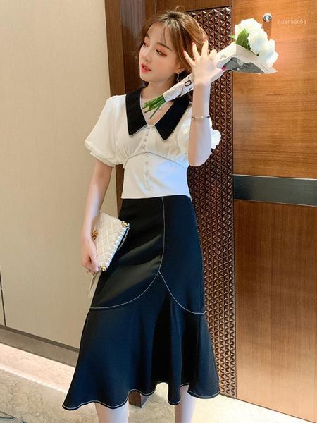 

trendy ageing puff sleeve ddiamante buckle waist hugging shirt + fishtail skirt suit women's fashion summer new style1, White