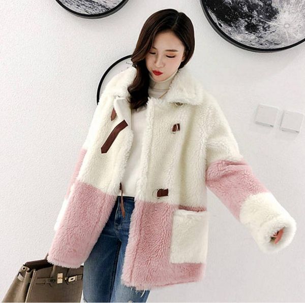 

women's fur & faux woman lamb woolen jacket coat winter warm fluffy coat1, Black