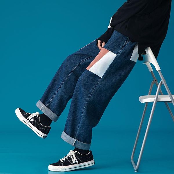 

men's jeans 2021 autumn and winter youth loose color matching wide-leg fashion casual straight-leg pants -3xl, Blue
